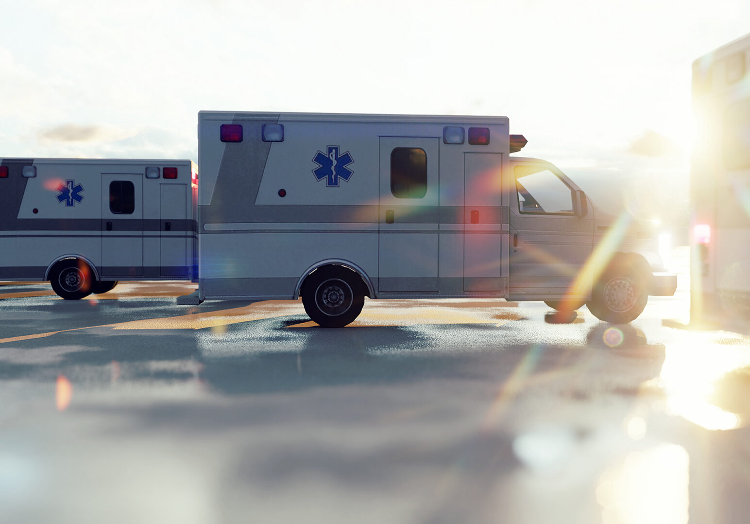 Several ambulances are waiting for a call. Concept of emergency medical services.